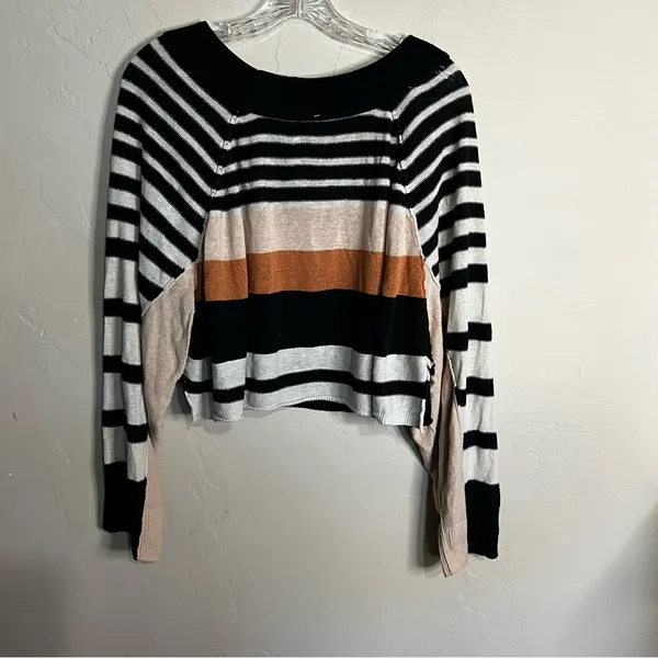 Free People Block Party Linen Cotton Stripped‎ Boxy Knit Exposed Hem Sweater - Image 12