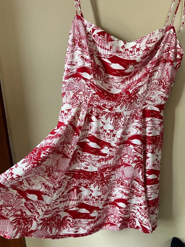 Reformation Sarah Red & Cream Los Angeles LA Printed Spaghetti-Strap Mini Dress - Image 8