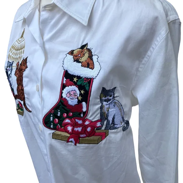 VTG Rafaella Shirt Sz L Cute Cats Holiday Christmas White Embroidered Button‎ Up - Image 3