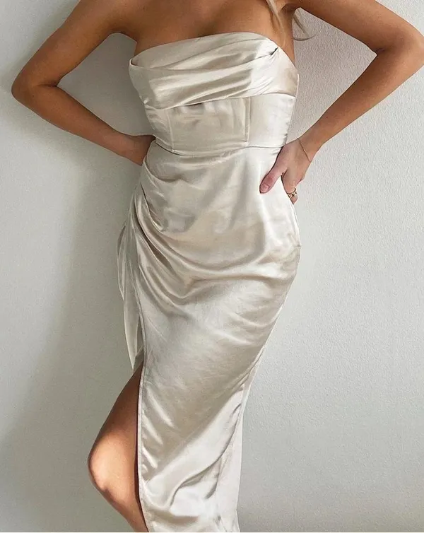 Selfie Leslie DOLCE VITA COWL BUST SATIN CHIC STRAPLESS MIDI DRESS CHAMPAGNE - Image 2