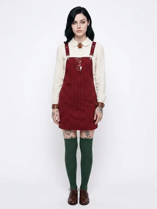 NEW Hot Topic Red Plaid Pinafore overall Mini Dress jumper YOINS NWT - Image 3