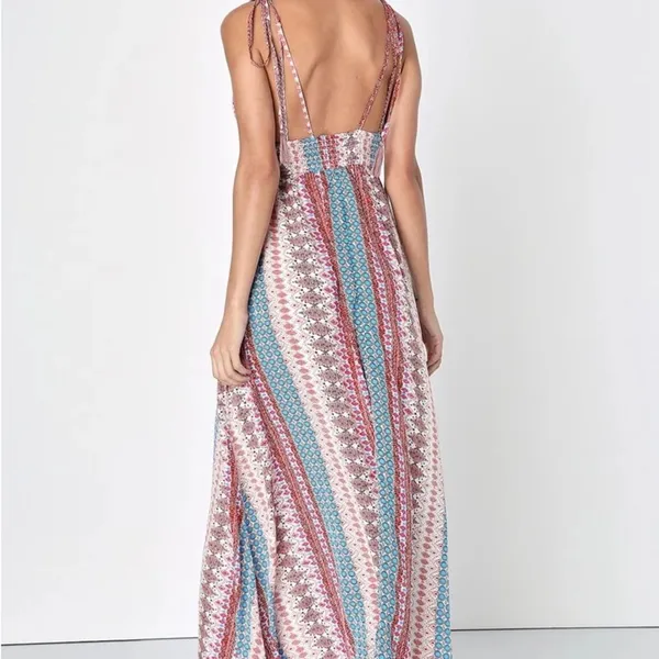 Lulus Boho Geometric Print Tassel Tie-Strap Smocked Maxi Dress Multicolor Medium - Image 4