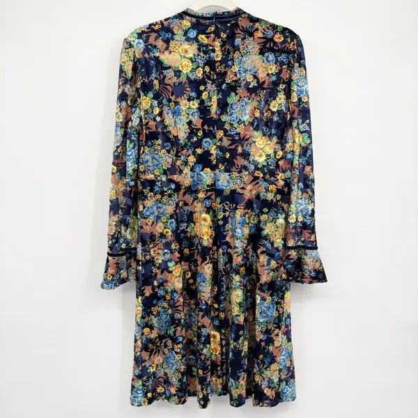 NWT Dalia MacPhee Womens Blue Floral Velvet‎ Boho Romantic Bell Sleeve Dress L - Image 9