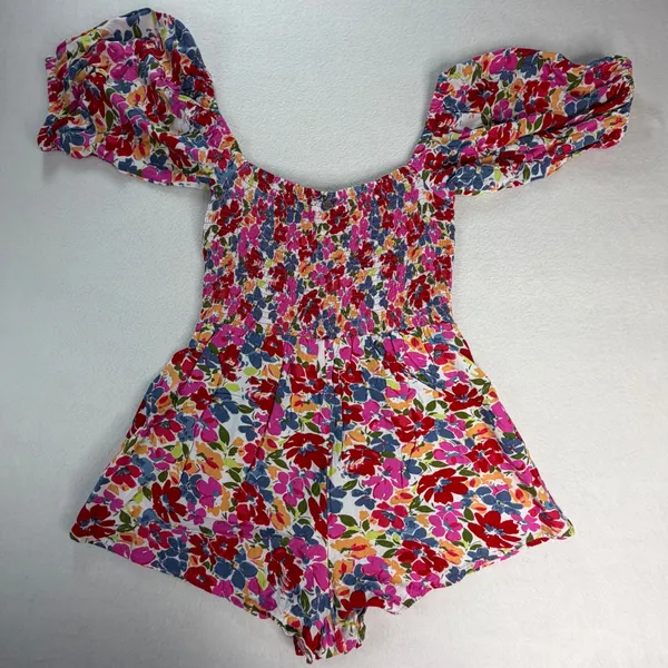 Roxy Womens Floral Smocked Puff Off Shoulder Sleeve Romper Pink Size Large - Image 8