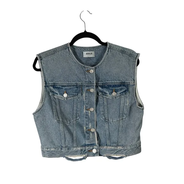 Agolde Leo Denim Vest Frayed Crop Trucker Sleeveless Button Down Womens‎ Large - Image 2