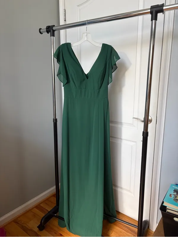 David's Bridal Juniper Green V-Neck Flutter Sleeve Bridesmaid Dress - Image 3