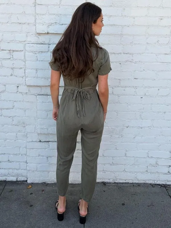 Abercrombie & Fitch olive green button front jumpsuit sz S #utility #boho #retro - Image 3