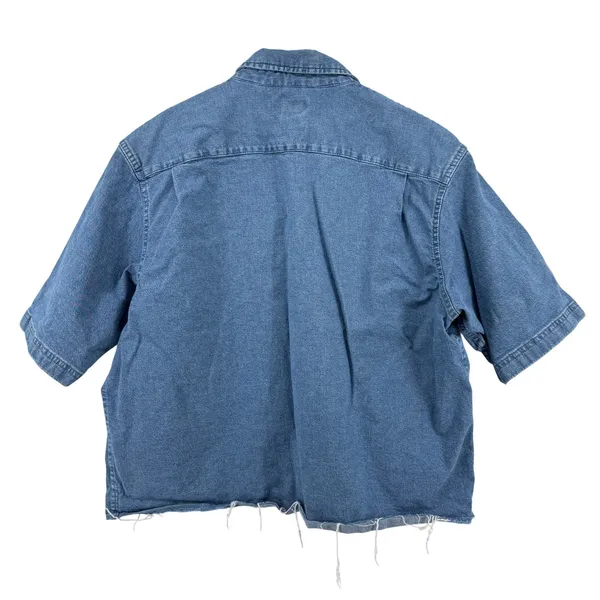Wrangler Denim Short Sleeve Embroidered Button Down Shirt Blue‎ Women L Raw Hem - Image 4