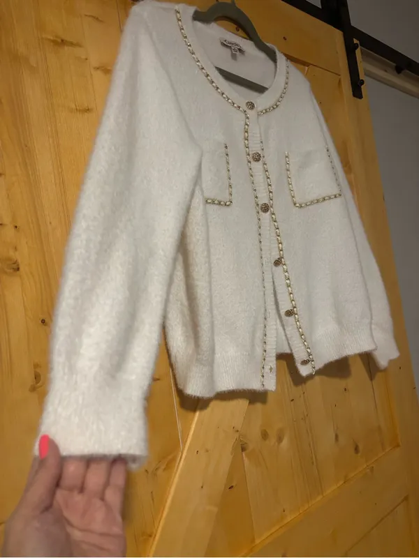 Nanette Lepore Cream Fuzzy Cardigan Sweater Gold Chain Trim‎ Tweed Vibez XL⁠ - Image 3