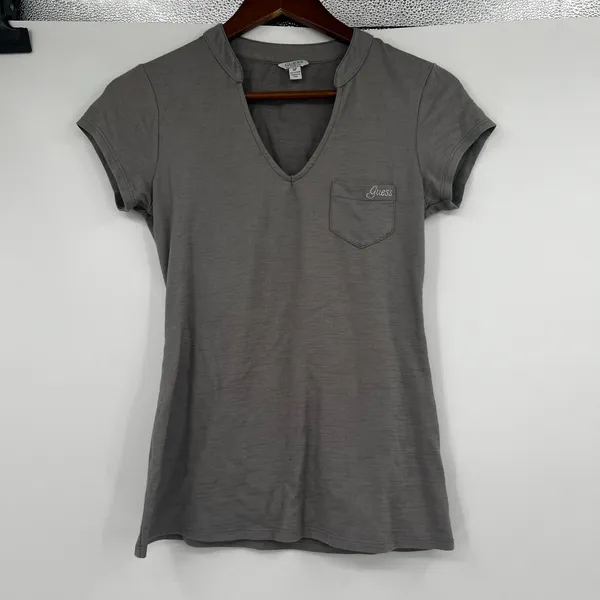Guess y2k gray marie polo tee t-shirt short sleeve u-neck pocket logo size small - Image 2