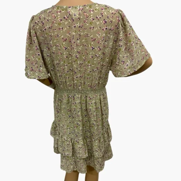 LoveRiche Boho Chic Women’s Sz M Ruffle Dress Mini Button Front Floral Crochet - Image 5