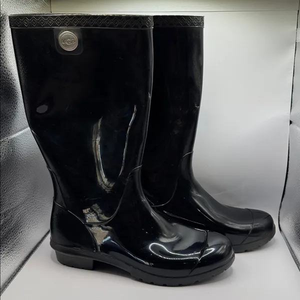 UGG Shaye Gloss Tall Rain Boots Black Waterproof Rubber Boot Size 8 - Image 3
