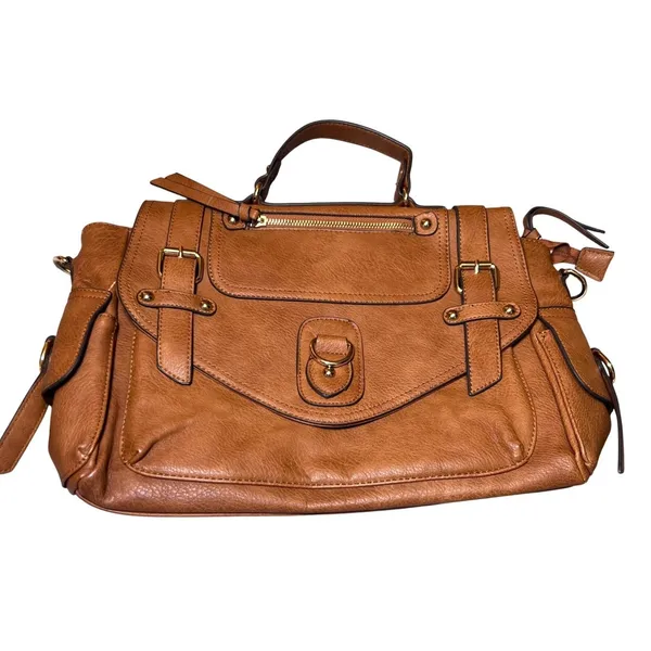 Call it spring Vintage Style Tan Faux‎ Leather Satchel Bag Plaid Lining Handle Shoulder Strap - Image 2