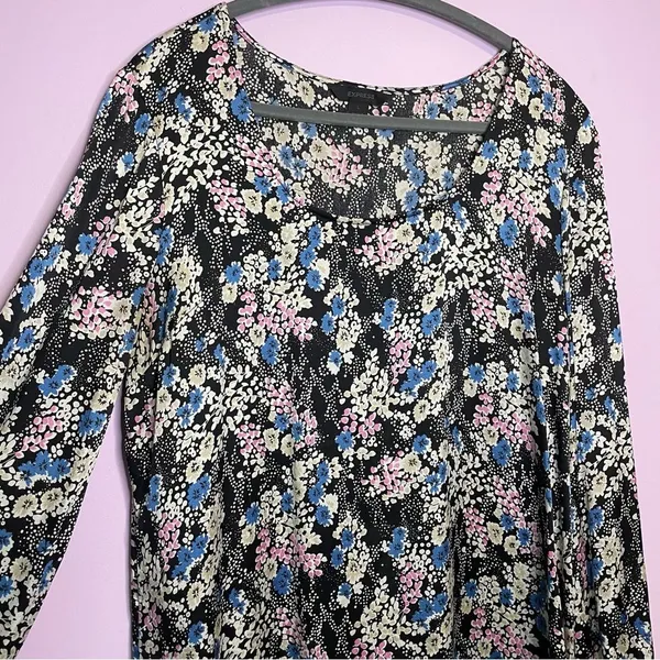 Vintage Express Slip Dress Long Sleeves Black Blue Ditsy Floral Y2K Large - Image 2