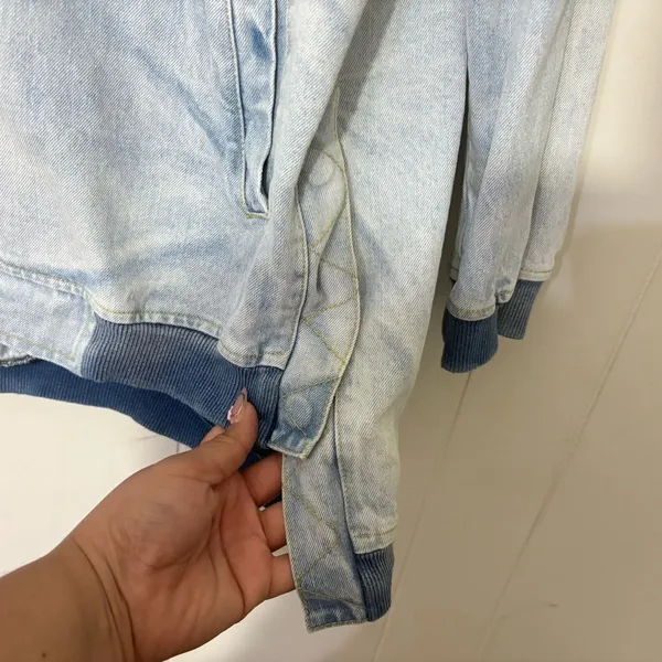 Fate Denim Bomber Jacket Womens L Light Wash Oversized Distressed Casual - Image 9