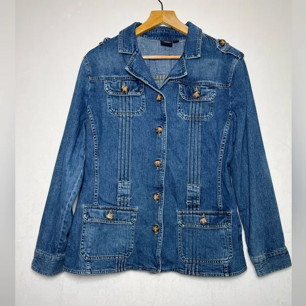 Sonoma Women’s Denim Utility Jacket Sz L Blue Cotton Button Front Boho Cottage - Image 2