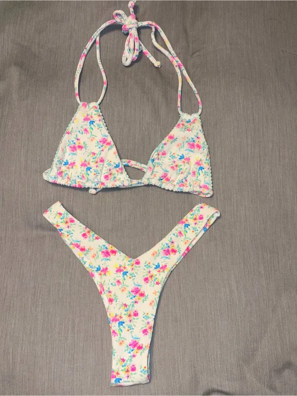 Kulani Kinis Bikini Set Medium Halter & Y Bottom, Forever Fairytale White Floral - Image 4