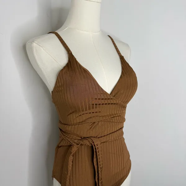Aerie Ribbed Shine Wrap One Piece Swimsuit Medium Long Brown Full Coverage - Image 2