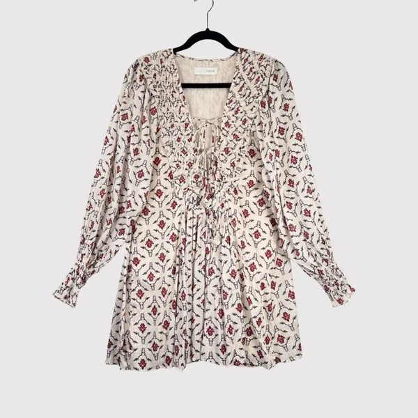 ZARA Mini Dress Beige Floral Puff Sleeve V Neck Lace Up Ruffle A Line Boho XS - Image 3
