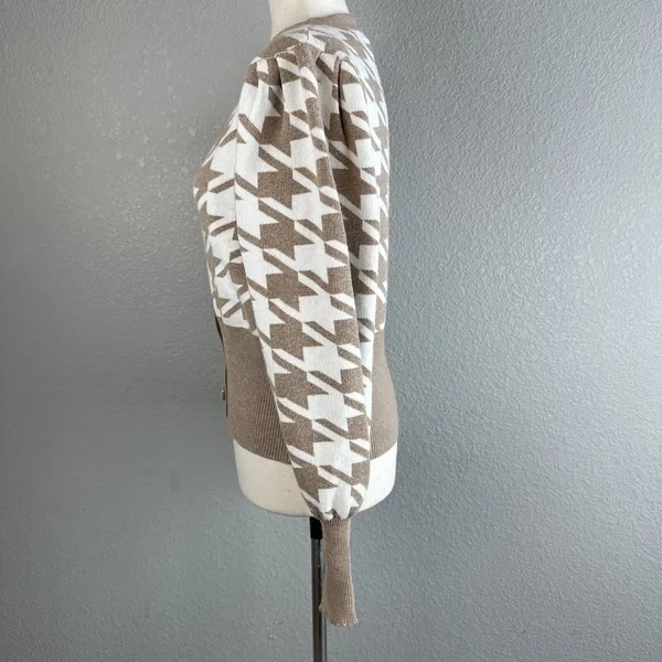 Joie Crop Houndstooth V-Neck‎ Button Cardigan Size XS Puff Sleeve Beige White - Image 4