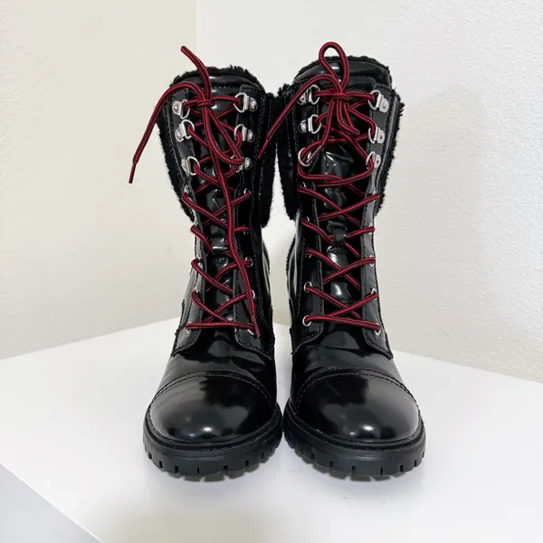 Nine West Phaedra Lace Up Black Leather Sherpa Top Boots 7.5M - Image 3