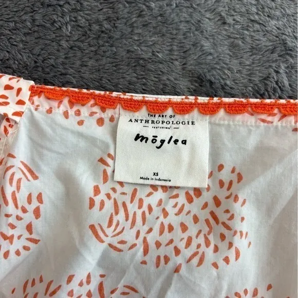 Anthropologie Moglea Orange White Abstract Print‎ Puff Sleeve Babydoll Top XS - Image 6
