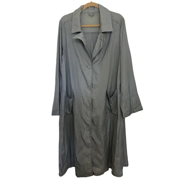 Vtg 90s Grey Nylon Duster Coat Women’s Oversized M Dolman Sleeve Pockets - Image 3