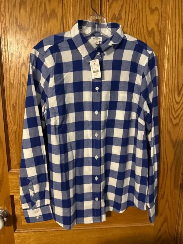 NWT J. Crew Size Medium Blue White Plaid 100% Cotton Flannel Button Up Shirt NEW - Image 5