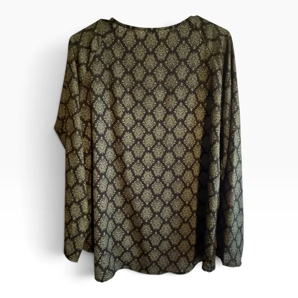 Forever 21 Wrap Blouse Womens Medium Green Black Excellent Damask Long Sleeve - Image 5
