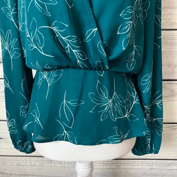 Lush Teal Floral Long Sleeve Peplum V Neck Wrap Blouse - Image 3