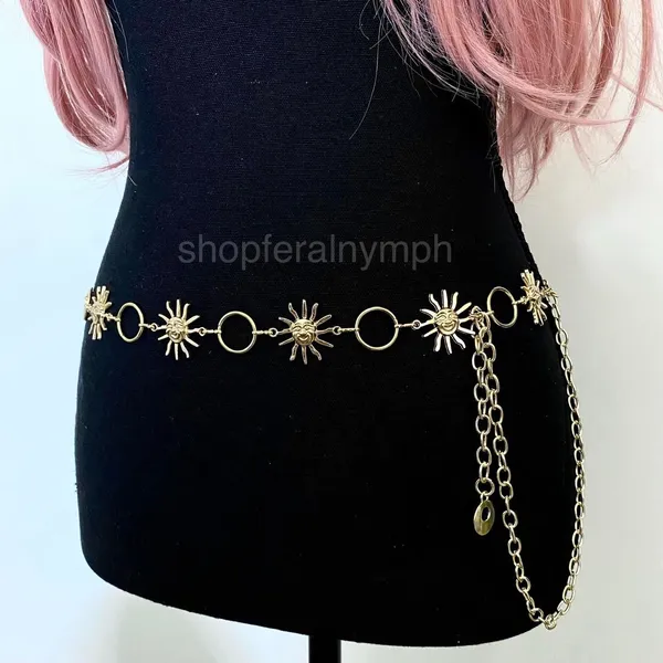 Gold Y2K Celestial Smiling Sun Open Ring Chain Belt, Fits 23-48 Inches, X7GA1333 - Image 4