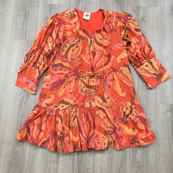 Farm Rio Dress Women's Size Large Red Banana Juice Boho Puff Sleeve Tie Mini - Image 2