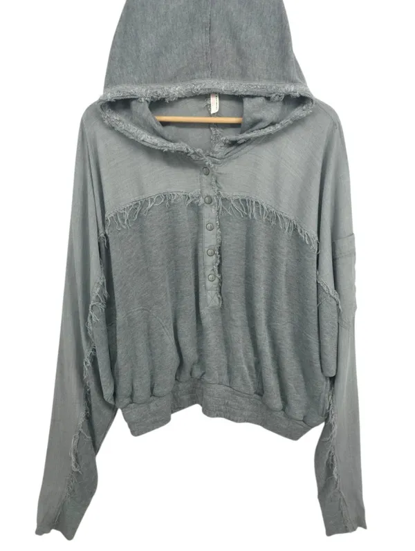 FP Movement by Windy Meadows Washed Gray Frayed Henley Hoodie - Image 4