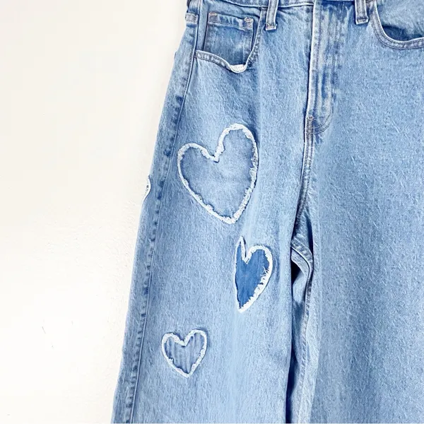 SOCIAL TOURIST Blue Ultra High Rise Baggy Hearts Patches Wide Leg Jeans 26 Boho - Image 12