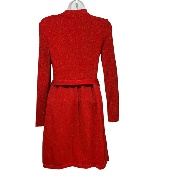 Free People Red Metallic Lurex Mock Neck Belted Ribbed Sweater Mini Dress Small - Image 4