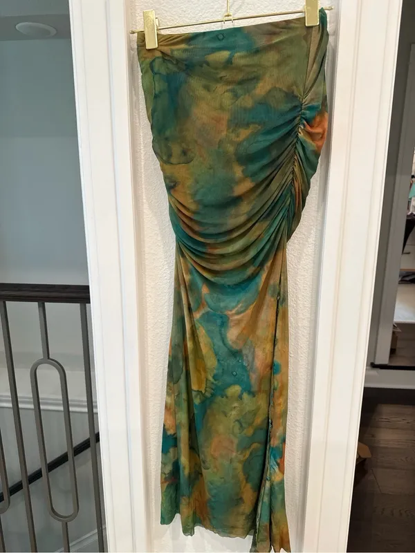 Ronny Kobo XS Green Brown Abstract Mesh Ruched Maxi Skirt - Image 2