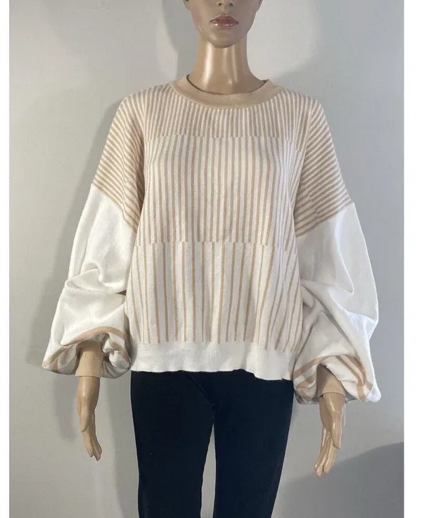 Indikah Women's M Pullover Sweater Striped Crewneck Long Ballon Sleeve Oversized - Image 2