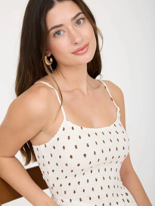 Blu Pepper White Polka Dot Smocked Basque Waist Midi Dress Large - Image 4