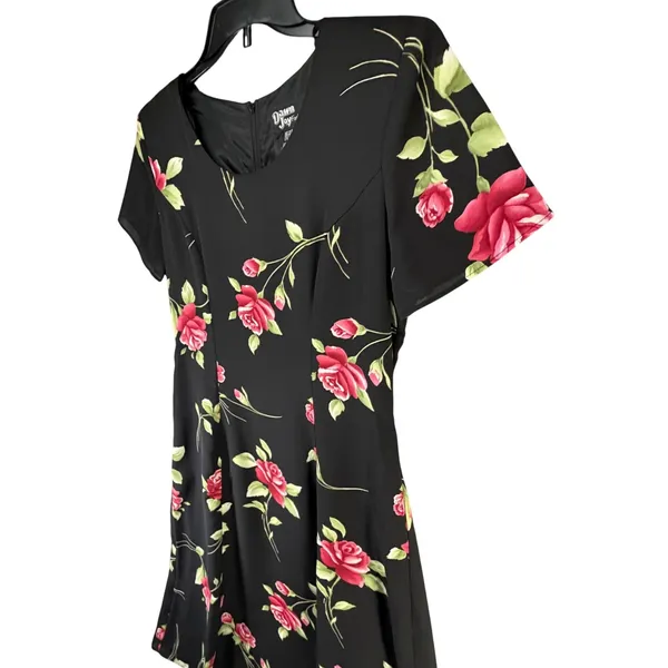 Vintage 90s Dawn Joy Floral Midi Dress Womens 5/6 Black Red Rose Romantic Goth - Image 5
