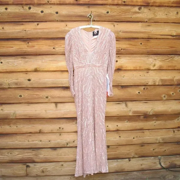 Mac Duggal Pink Size 8 Sequin Beaded Plunge Neck Long Sleeve Trumpet Gown Dress - Image 5