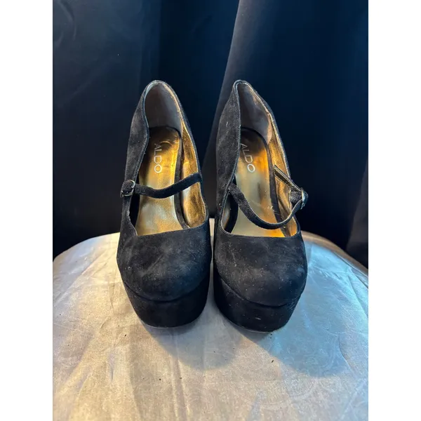 Aldo Black Suede Mary Jane Platform Pumps Gold Insole High Block Heel Size 37 - Image 5