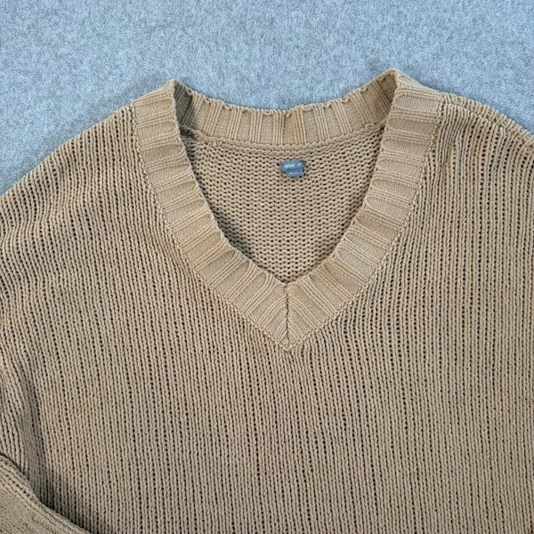 Aerie Women's Small Chunky Knit V-Neck Sweater Tan Chenille Pullover Top - Image 5