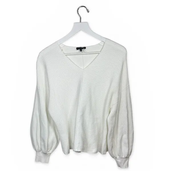 Revolve 1 State Balloon Sleeve V-neck Ribbed White Sweater W2264 Sz XL - Image 3