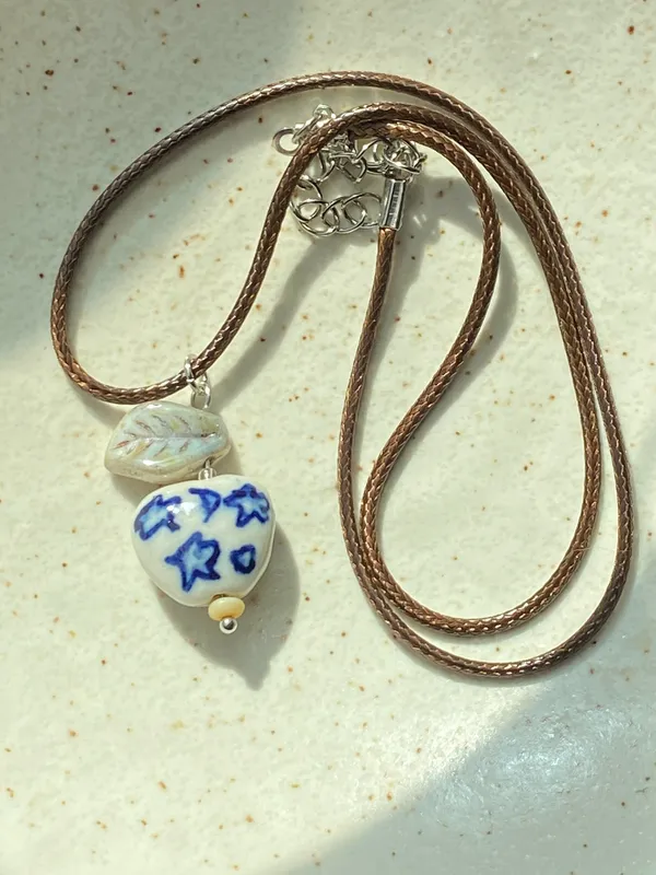 Handmade celestial porcelain heart bead & Czech leaf unique boho fairy whimsical necklace🌙🌀🌟 - Image 3