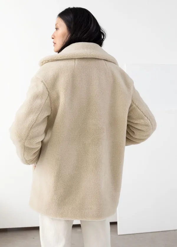 & Other Stories Cream Faux Fur Wool Blend Collared Coat - Image 3