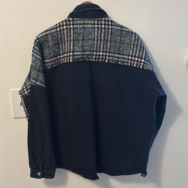 Zara Black and Plaid Jean Jacket - Image 4