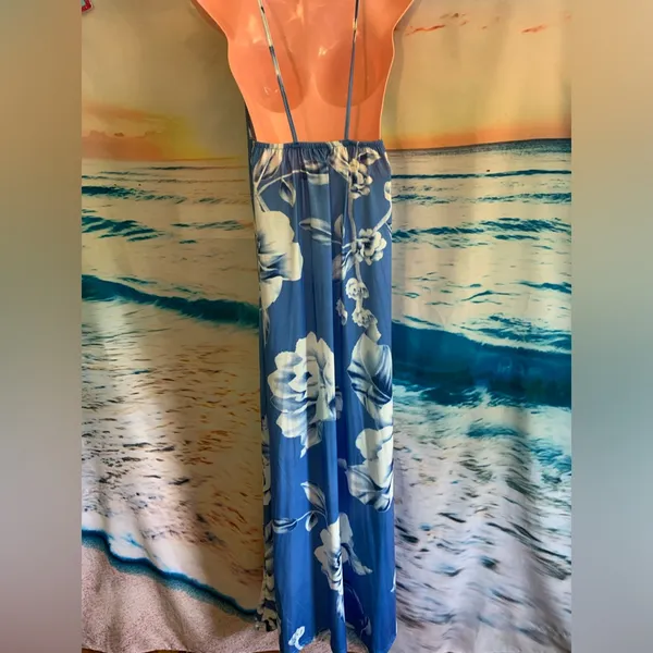 Misslook Blue Floral Maxi Flowy Dress Spaghetti Strap Size Small - Image 2