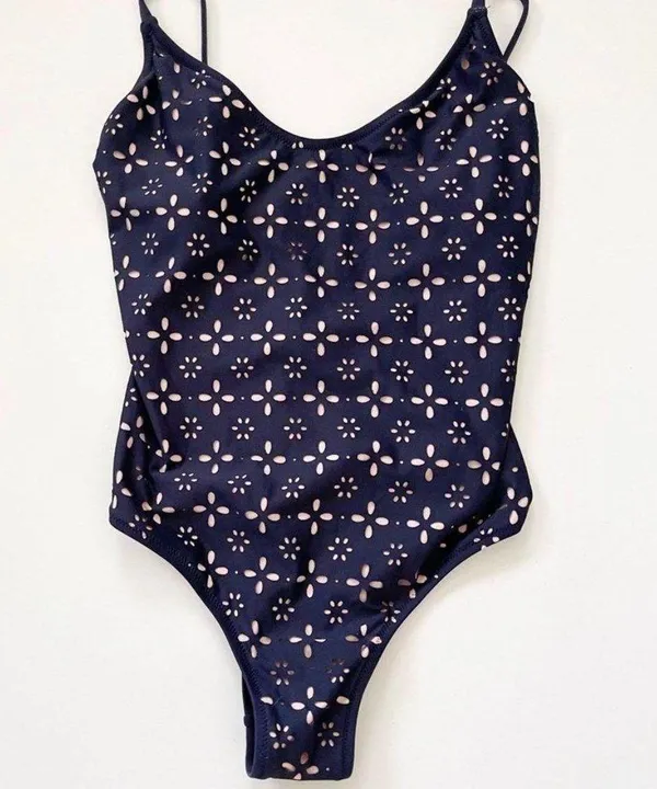 J CREW Navy Blue Beige Eyelet Cutout One-Piece Swimsuit Size 4 - Image 3