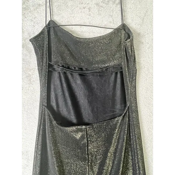 Vintage Y2K Black Shimmer Maxi Dress Spaghetti Strap Bodycon Evening Goth Glam - Image 4