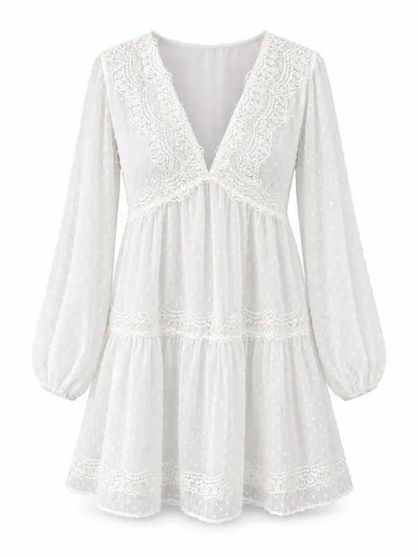 Lulus White Swiss Dot Lace Long Sleeve Babydoll Mini Dress M - Image 2